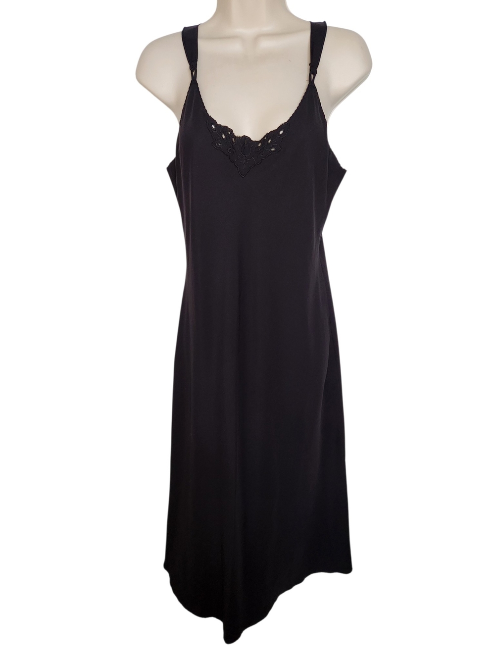 Vintage Vanity Fair Black Maxi Slip Nightgown Floral Cutwork Made USA